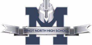 M with sentinel head in middle and Minot North High School Banner across m